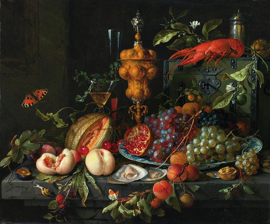  Still life of fruits, nuts, oysters, a lobster, insects and a snail on a ledge with various vessels Painting by Lagra Art