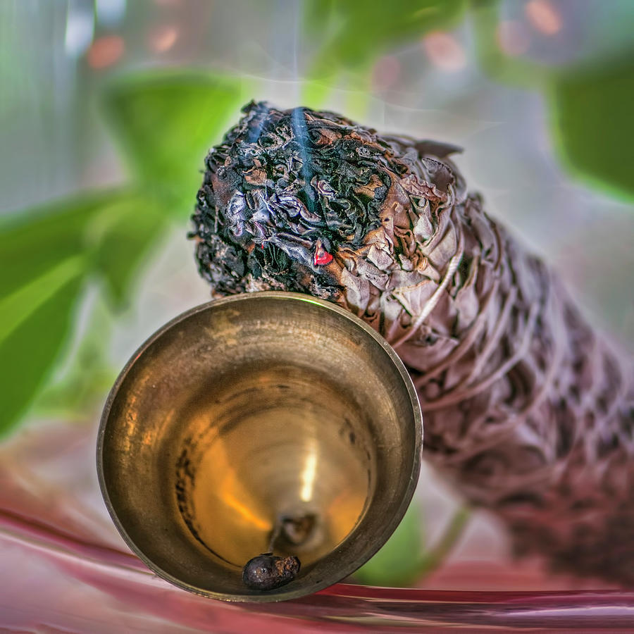 Still life of sage burning and dinner bell Photograph by Cordia Murphy