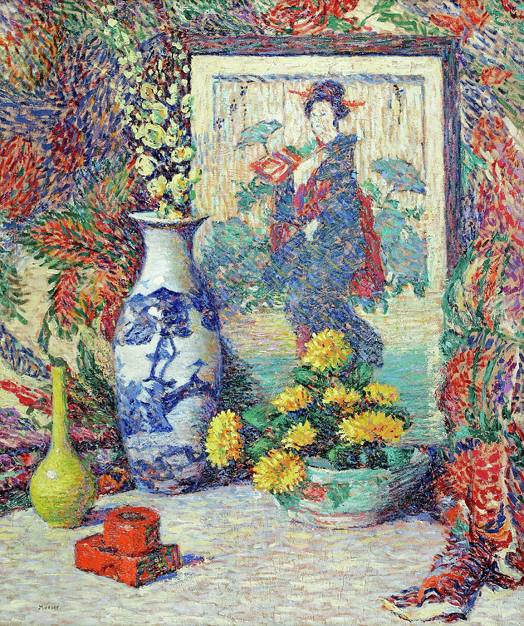 Still life of vases, chrysanthemums and a Japanese print Painting by Lillian Burk Meeser