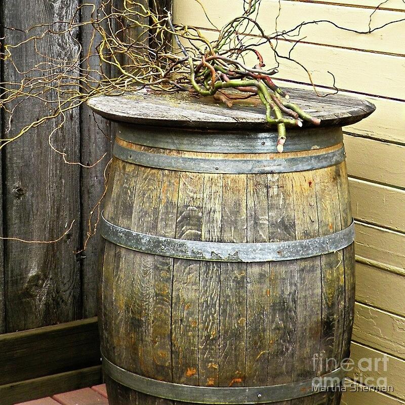 Weathered Wood Photograph - Still Life of Wine Barrel and Vines by Martha Sherman