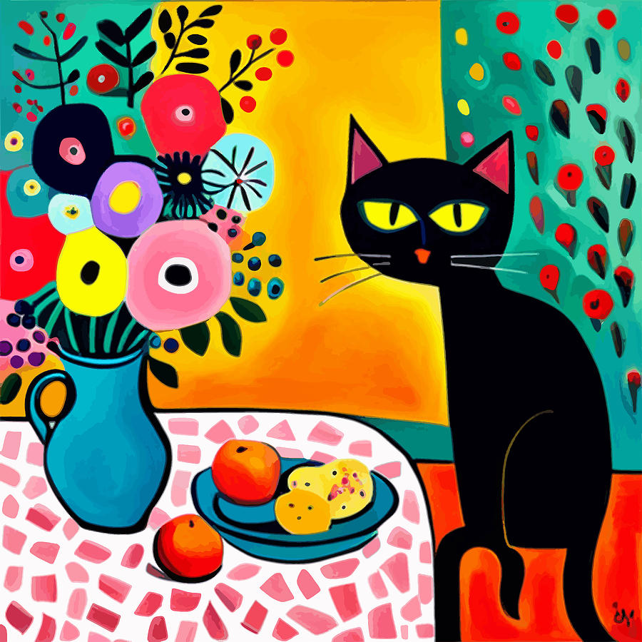 Still Life Digital Art - Still Life Painting with Black Cat and Flowers by Vicky Brago-Mitchell