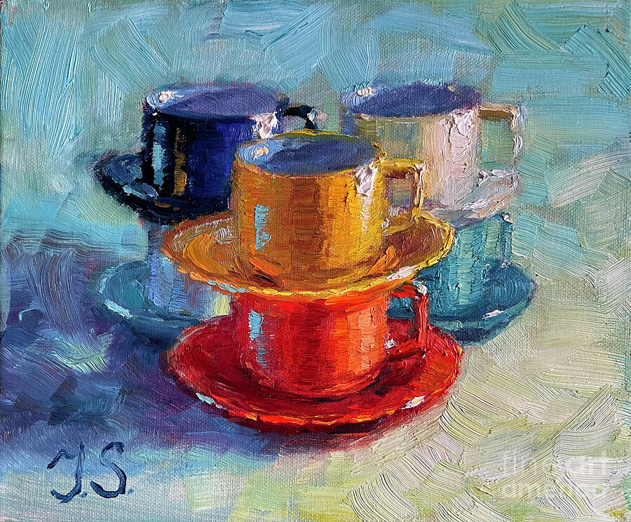 Still life painting with coffee cups Painting by Julia Strittmatter