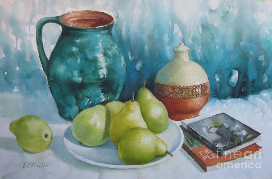 Still Life Painting - Still life - Pears,books,vases by Elena Oleniuc