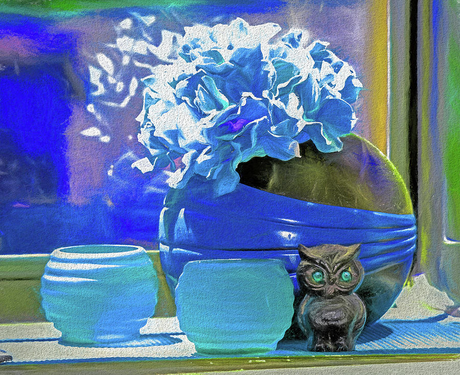 Still Life Round Vases With Owl In Blue Mixed Media