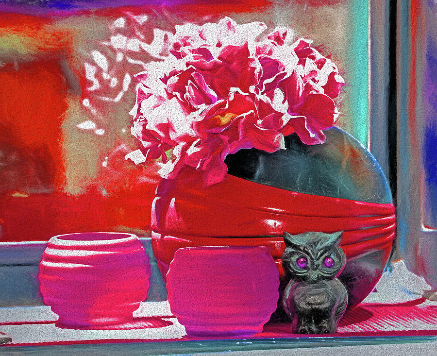 Still Life Round Vases With Owl In Red Mixed Media