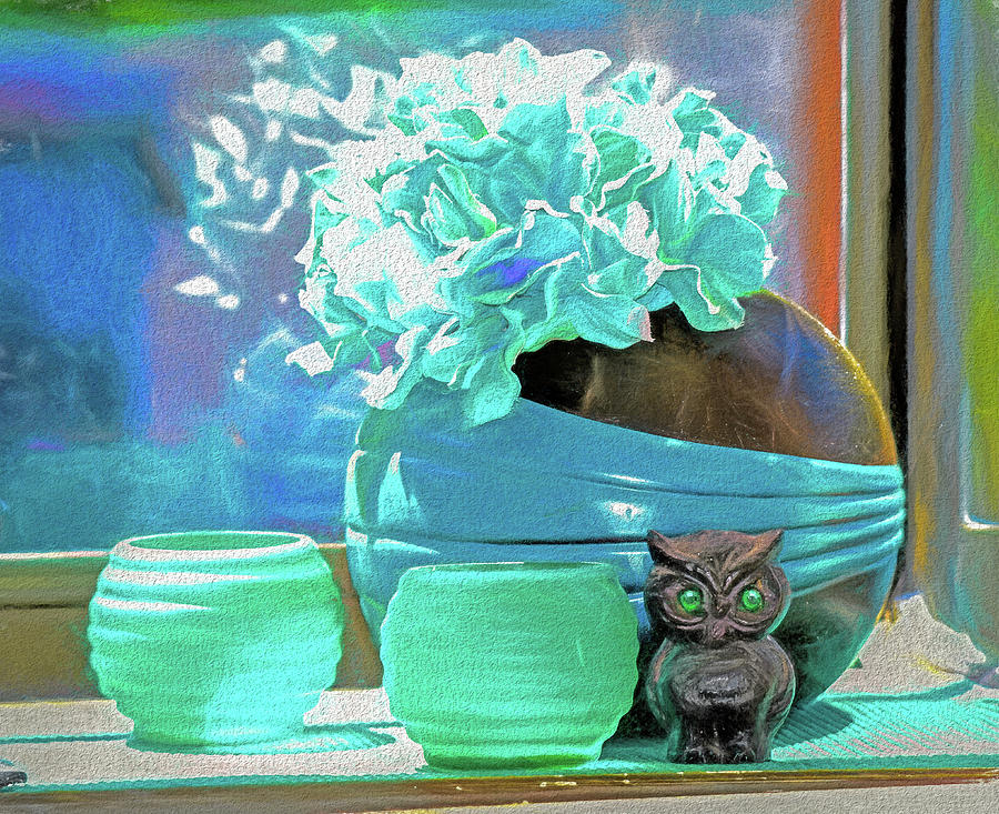 Still Life Round Vases With Owl Mixed Media