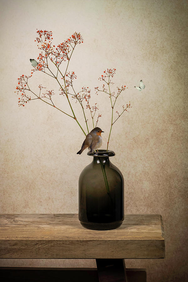 Still life vase with gypsophila and Robin Digital Art by Marjolein Van Middelkoop
