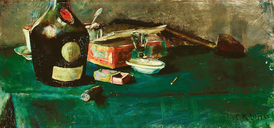Christian Krohg Painting - Still life with a D O M  bottle  by Christian Krohg