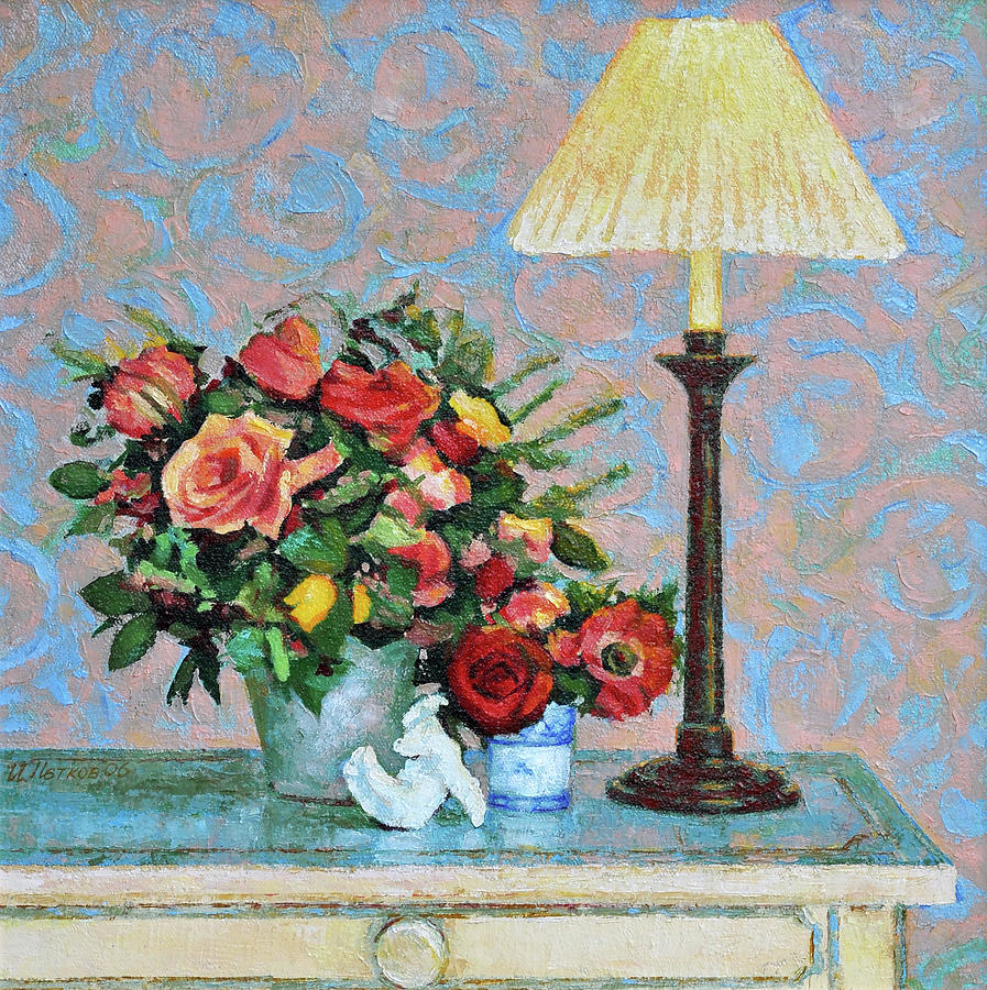 Flowers Painting - Still life with a Lamp by Iliyan Bozhanov