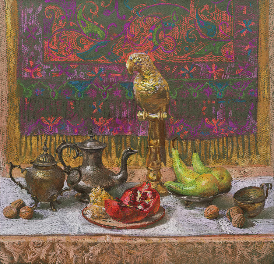 Teapot Pastel - Still life with a parrot by Victoria Kharchenko