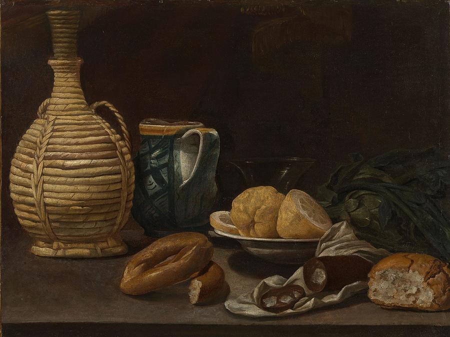 Still Life with a Wicker Wine Flask Lemons and Bread Painting by ...