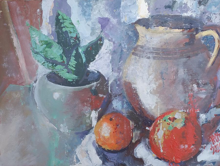 Still life with apple and ceramic pot Painting by Lorand Sipos