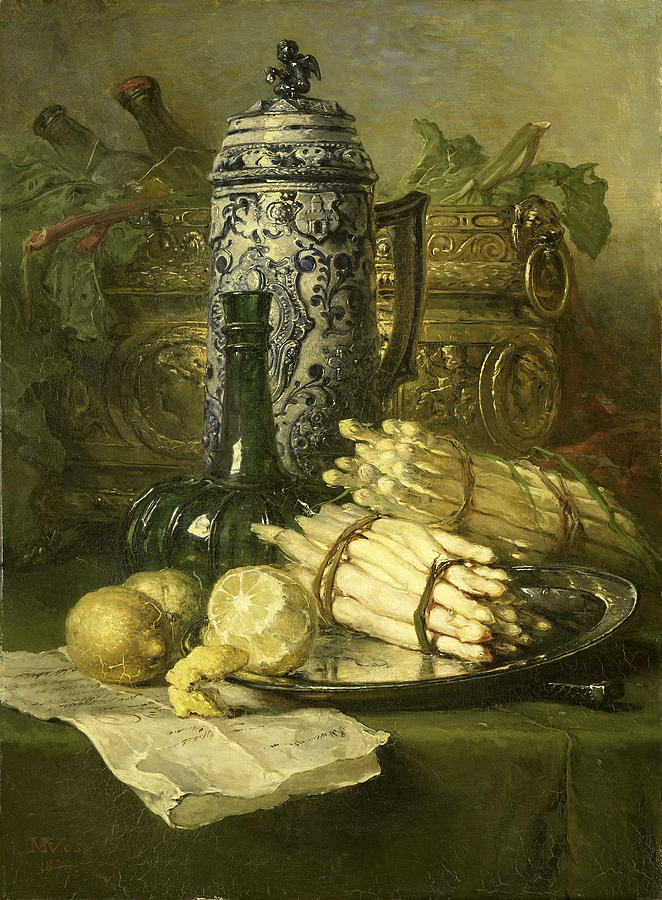 Still-life with Asparagus, Lemon, Covered Beaker, and Wine Cooler Painting by Maria Vos