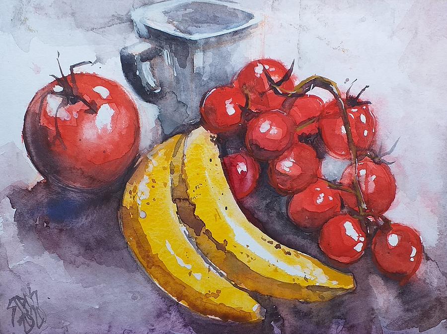 Still life with bananas, apple and tomatoes Painting by Lorand Sipos