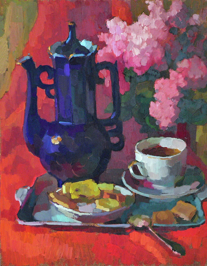 Impressionism Painting - Still life with blue coffee pot  on red by Vera Bondare