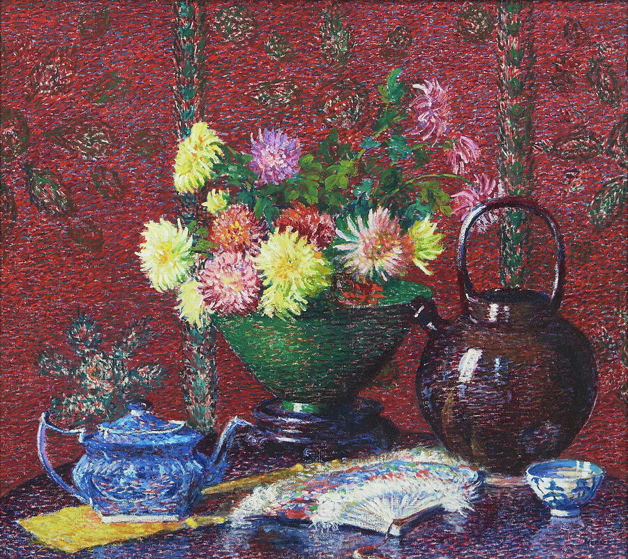 Still life with blue teapot, fan and zinnias Painting by Lillian Burk Meeser