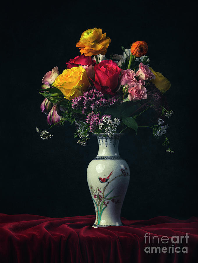 Still Life With Chinese Vase And Flowers. Photograph
