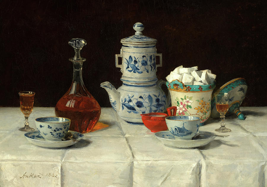 Albert Anker Painting - Still life with Coffee Setting and Cognac Bottle, 1882 by Albert Anker