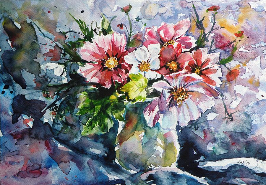 Still life with cosmos flowers Painting by Kovacs Anna Brigitta