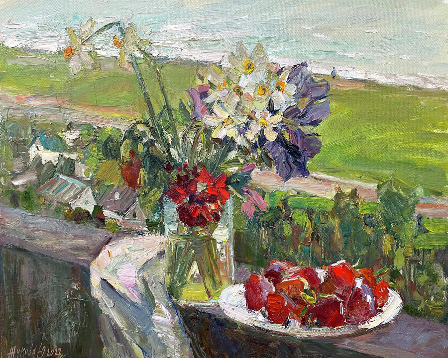 Still life with daffodils and strawberries Painting by Juliya Zhukova