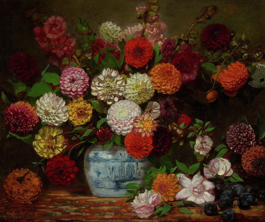 Still Life with Dahlias, Zinnias, Hollyhocks and Plums, 1835 Painting by Eugene Delacroix Fine