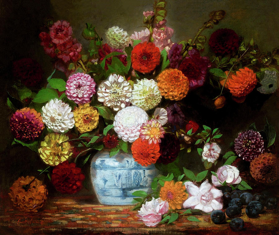 Still Life with Dahlias, Zinnias, Hollyhocks and Plums by Eugene Delacroix Photograph by Carlos Diaz