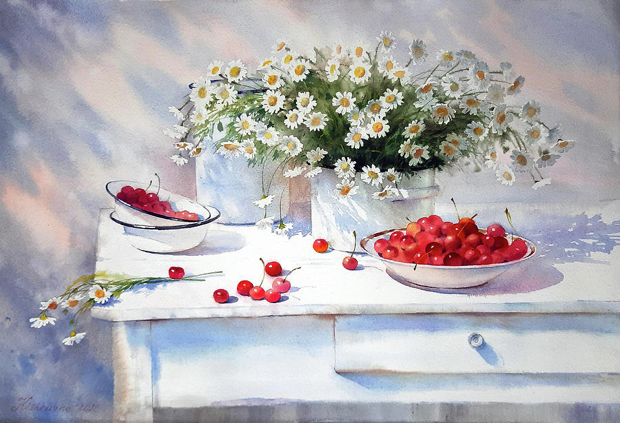 Summer Painting - Still Life with Daisies and Cherries by Olena Kishkurno
