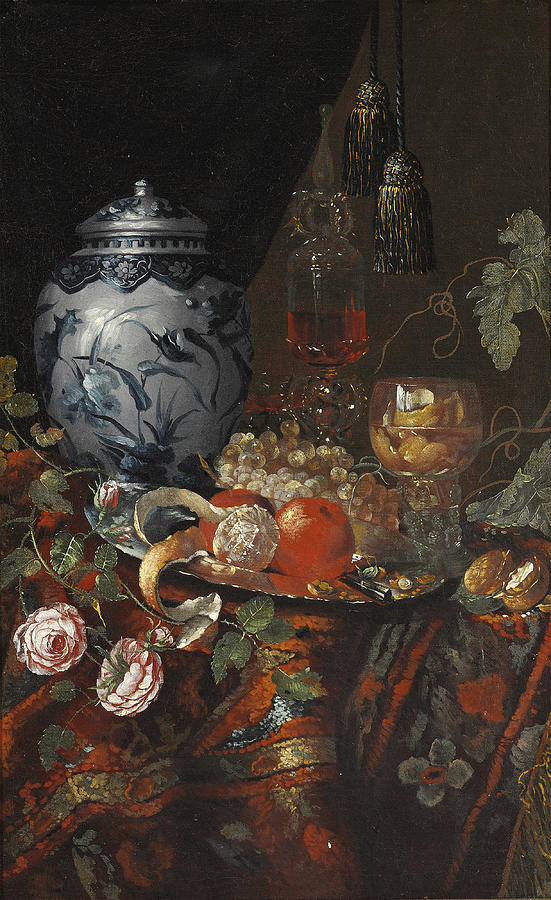Still life with Dutch faience jar, fruit and glass Painting by Circle of Willem Kalf