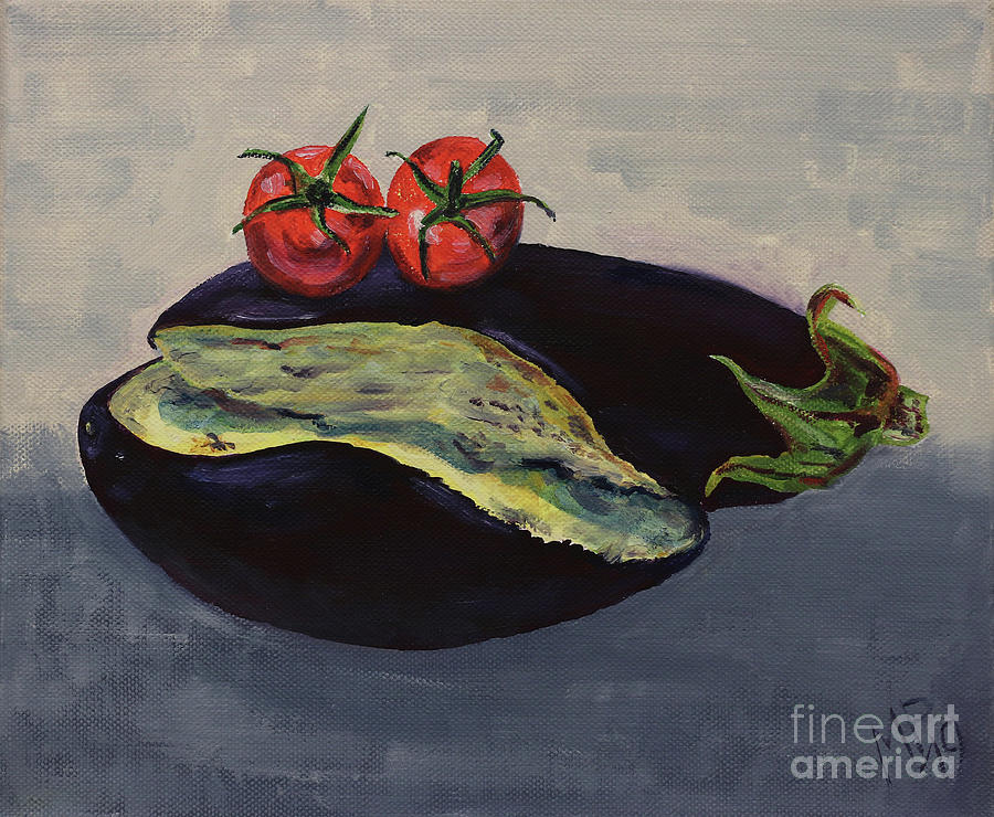 Tomato Painting - Still life with eggplant and tomatoes by Michal Boubin