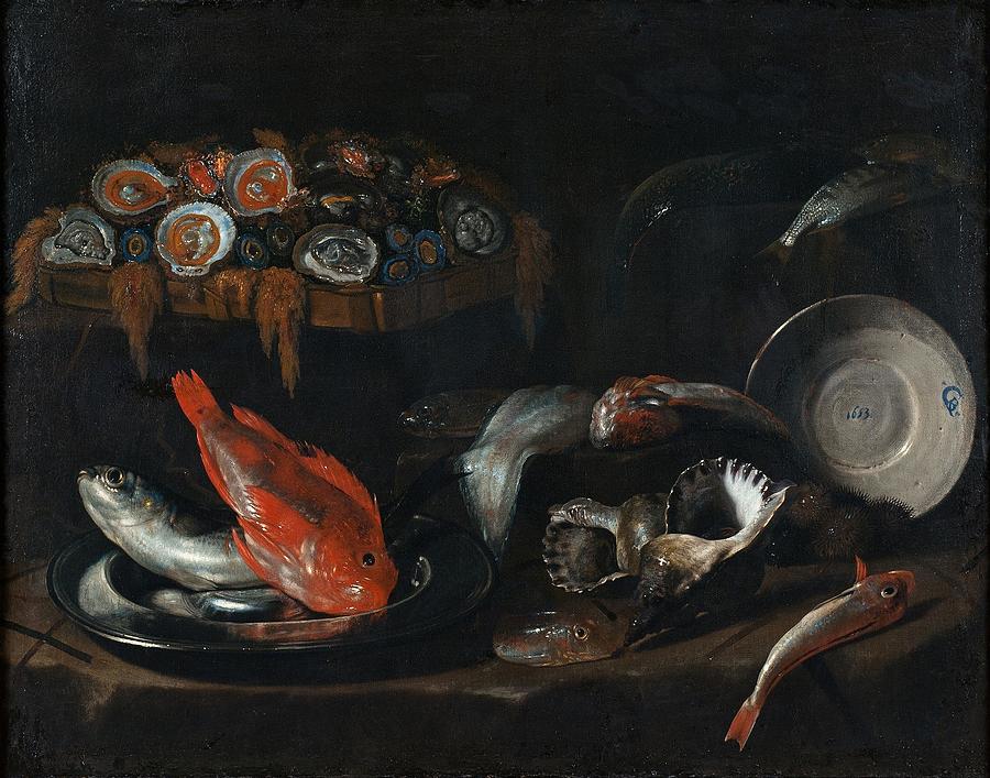 A still life of freshwater fish and kitchen utensils by François