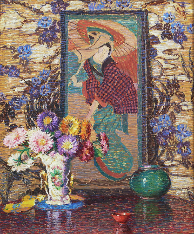 Still life with flowers and a Japanese painting Painting by Lillian Burk Meeser