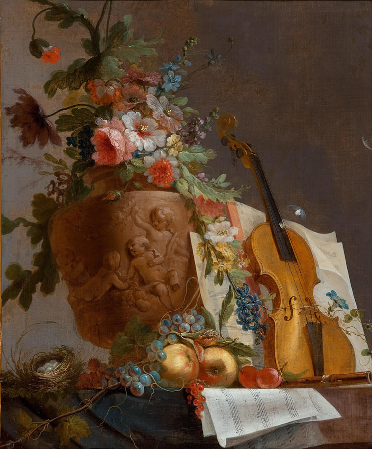 Still life with flowers and a violin. Oil on canvas, dated ca. 1750. Painting by Jean-jacques Bachelier Still life with flowers and a violin. Oil on canvas, dated ca. 1750. Painting by Jean-jacques Bachelier