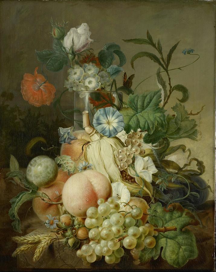 Still Life with Flowers and Fruit art Drawing by Jan Evert Morel Dutch ...