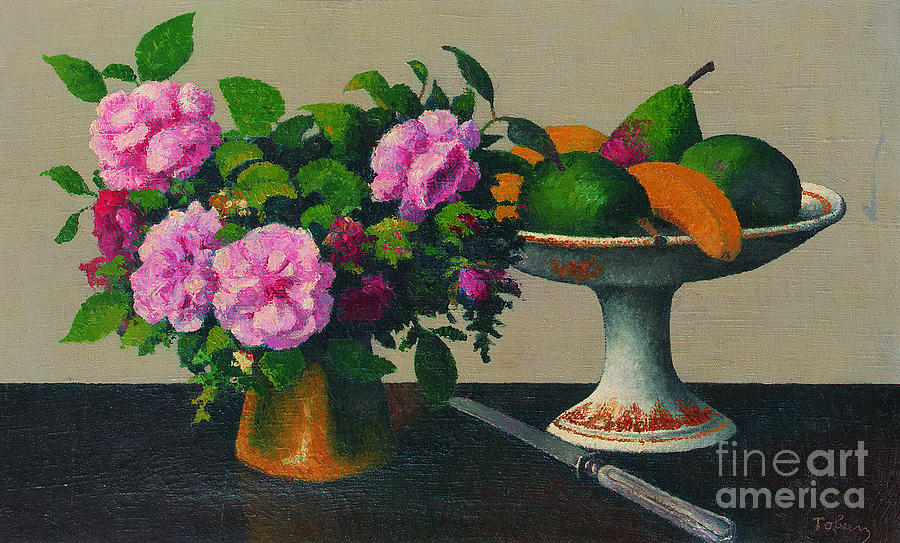 Still Life with Flowers and Fruit Painting by Felix Elie Tobeen