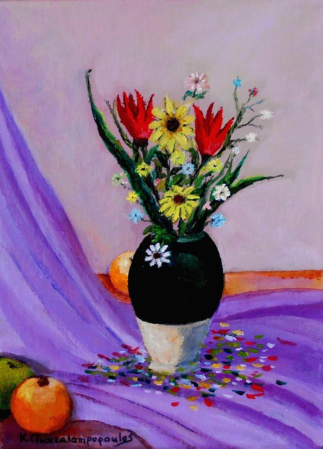 Still life with flowers and fruits Painting by Konstantinos Charalampopoulos