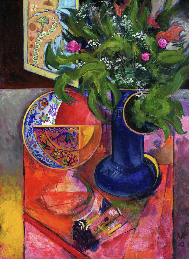 Still Life with flowers and paints. Painting by Harry Robertson