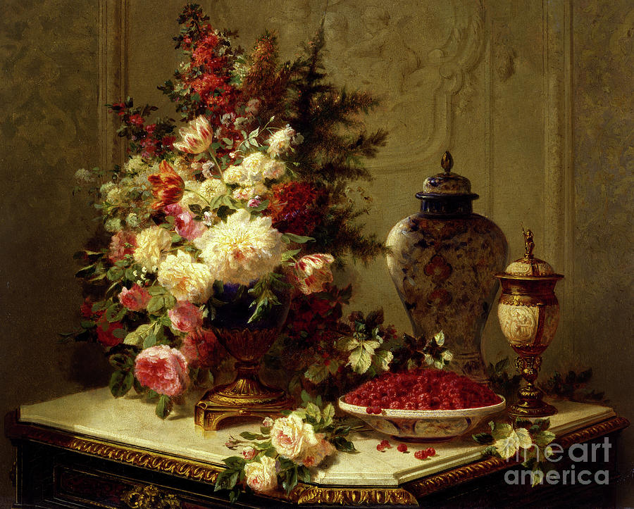 Still life with flowers and raspberries Painting by Jean Baptiste Robie