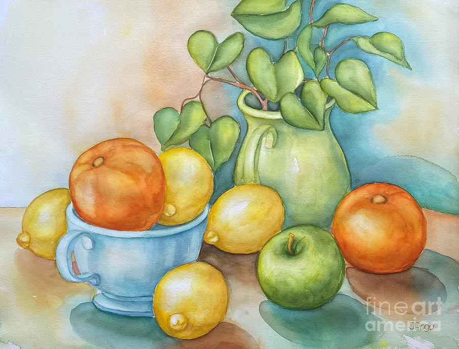 Still life with fruit and blue cup Painting by Inese Poga