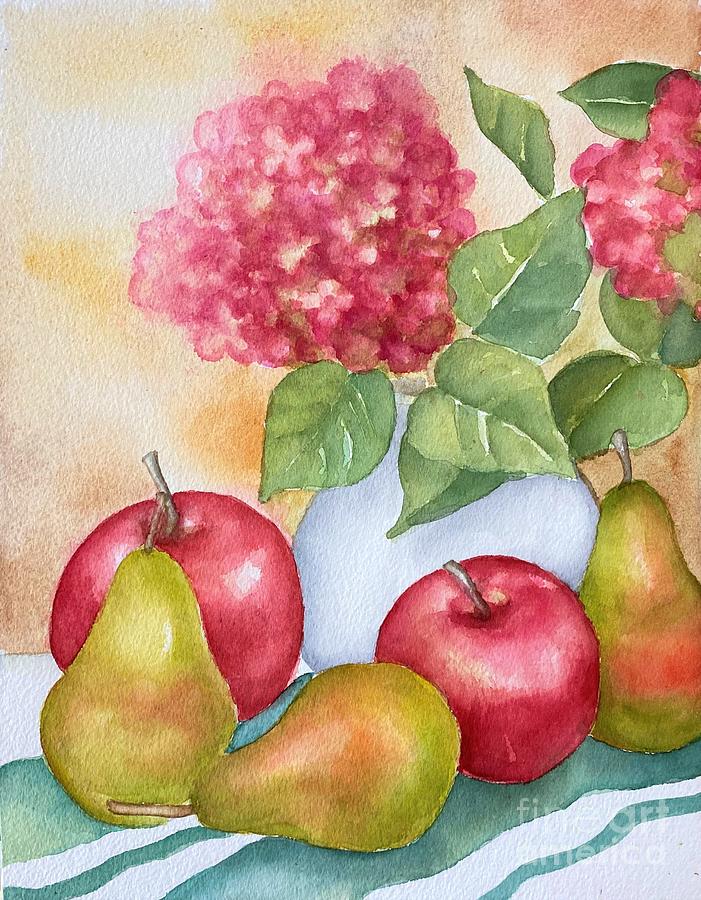 Still life with fruit and hydrangea Painting by Inese Poga