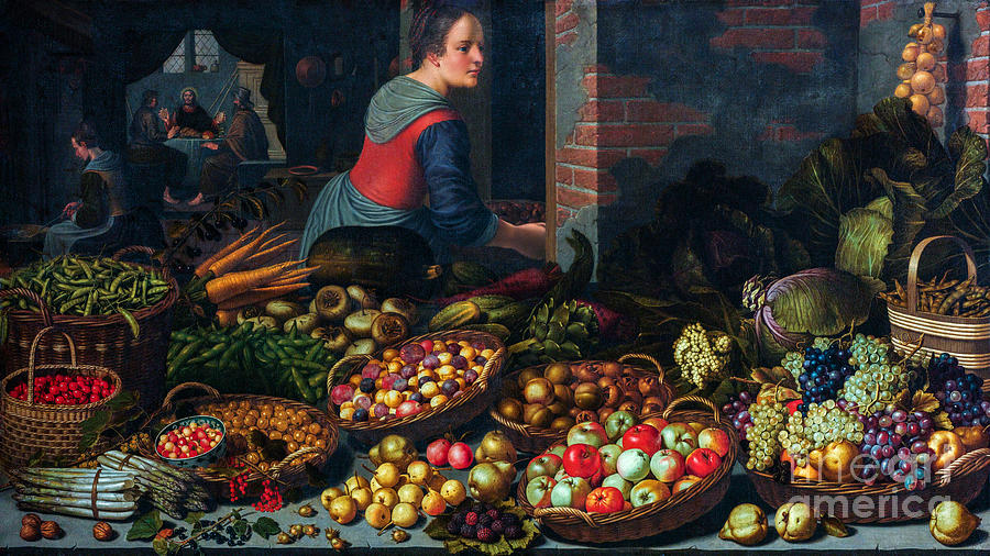 Still Life With Fruit And Vegetables, With Christ At Emmaus In T Painting