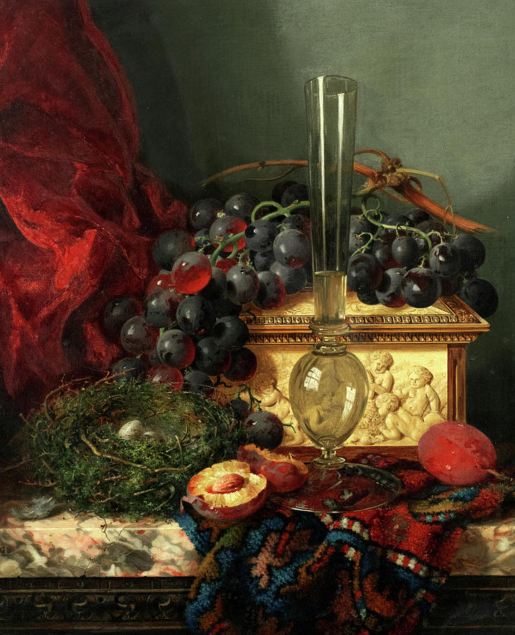Edward Ladell Painting - Still Life With Fruit, Birds Nest, Glass Vase And Casket by Edward Ladell