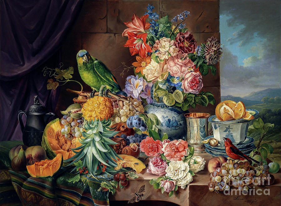 Still life with Fruit flowers and Parrot by Josef Schuster Photograph by Carlos Diaz