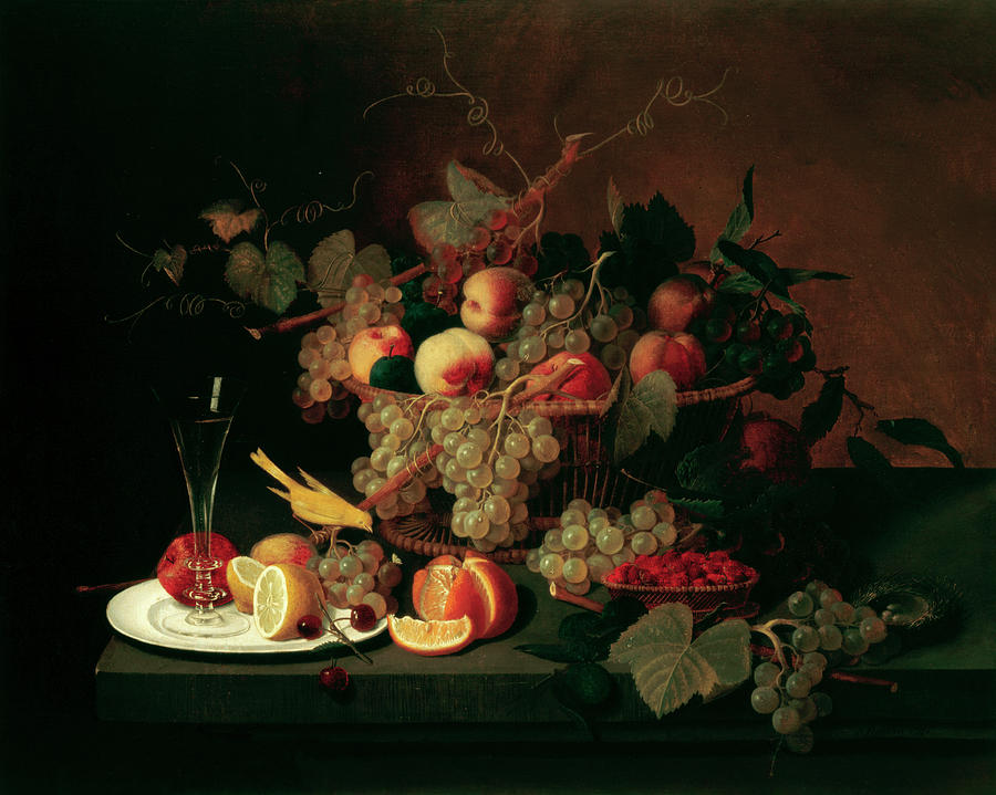 Severin Roesen Painting - Still Life With Fruit, Goblet, and Canary by Severin Roesen by Mango Art