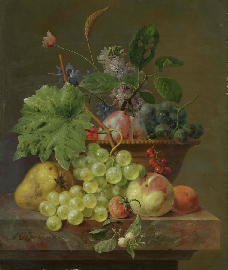 Still Life with Fruit in a Terracotta Dish. Still Life of Fruit in a Terracotta Bowl. Painting by Anthony Oberman -signed by artist-