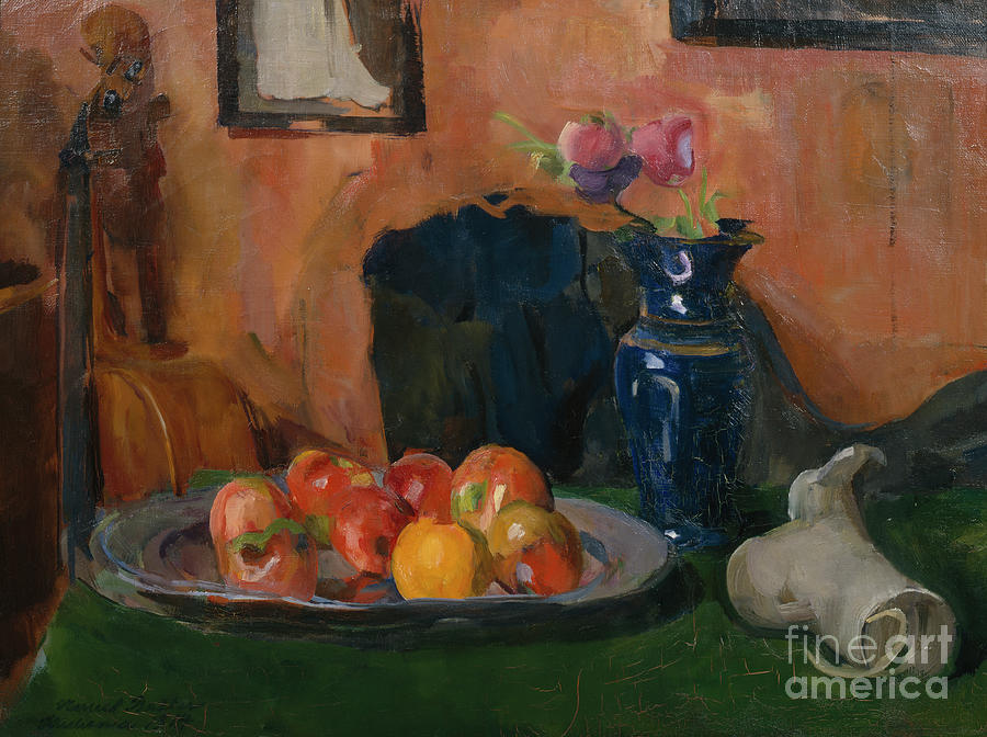 Still life with fruit plate, 1914 Painting by O Vaering by Harriet Backer