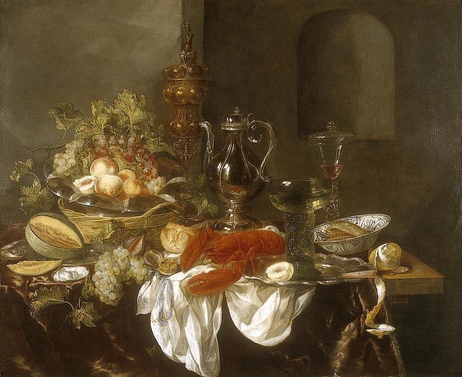 Still Life With Gilt Cup Silver Ewer And Lobster Drawing By Abrahamvan 