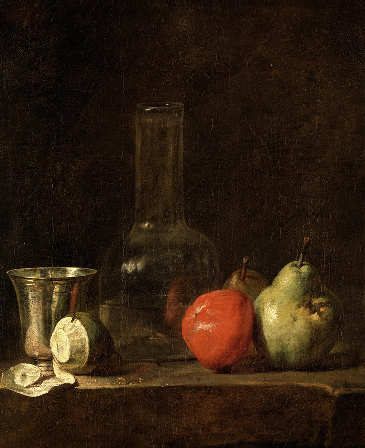 Still Life Painting - Still life with Glass Bottle and Fruits, 1728 by Jean Simeon Chardin