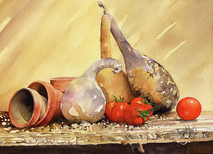 Still Life With Gourds And Tomatoes Painting by Margaret Merry