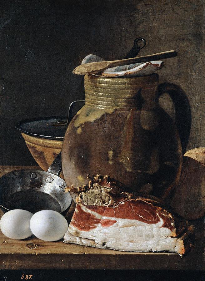 Still Life with Ham Eggs and Vessels Drawing by Luis Egidio Melendez ...