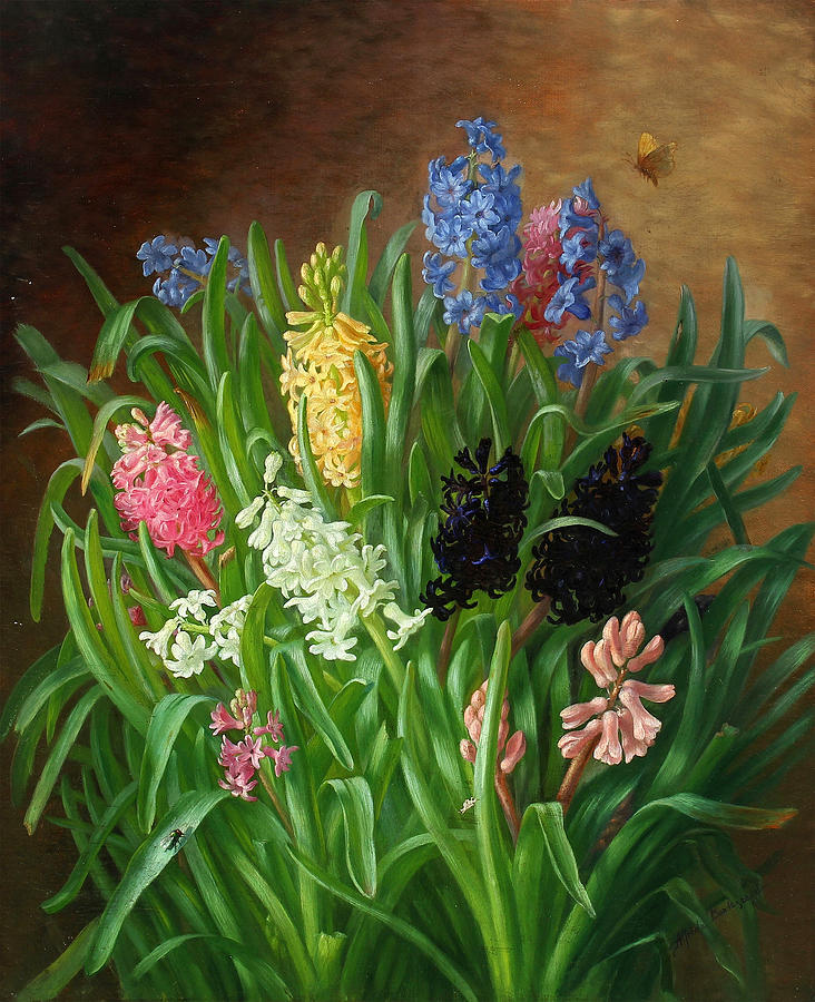 Still life with Hyacinths and Butterfly Painting by Alfrida Baadsgaard